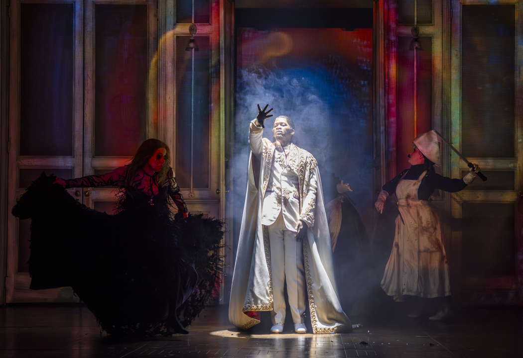 Msimelelo Mbali as Sarastro in Opera North's production of Mozart's 'The Magic Flute'. Photo © 2024 Tristram Kenton