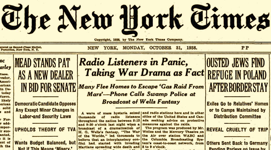 Newspaper coverage in 'The New York Times' of the effect of Orson Welles' 1938 radio dramatisation of H G Wells' 'The War of the Worlds'