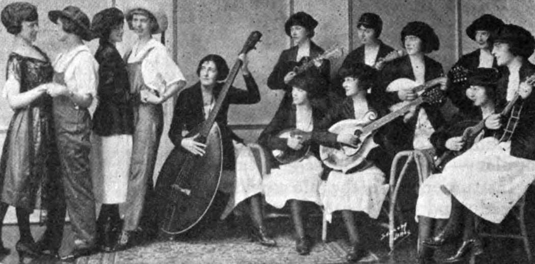 A promotional band - the Gibson Melody Maids of Kalamazoo, Michigan, USA - for the Gibson Mandolin-Guitar Company in a 1922 issue of 'Music Trades' magazine. The leftmost musical instrument is a mandobass