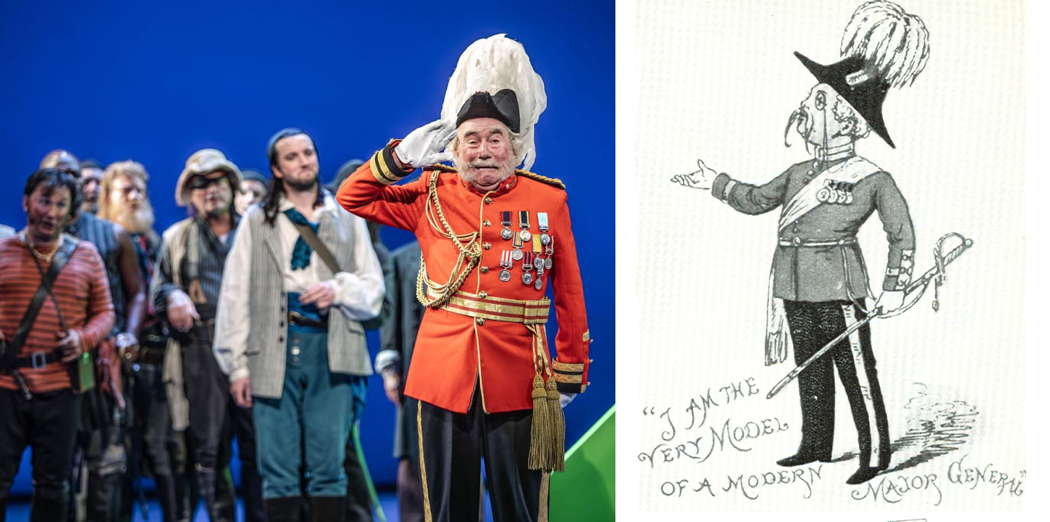 Richard Suart as The Major General with members of the English National Opera Chorus in ENO's 'The Pirates of Penzance', photo © 2024 Craig Fuller (left) and 'I am the very model of a modern Major General' - a drawing from the programme of the D'Oyly Carte Opera Company's 1884 children's production