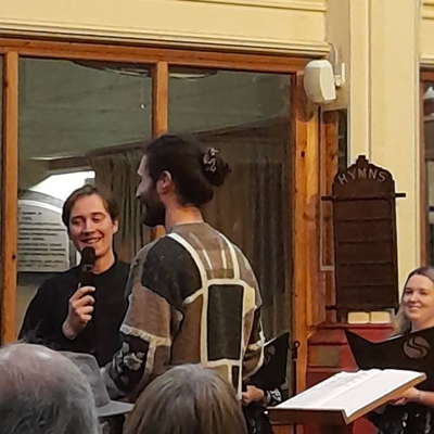 Dexter Drown (left) interviews one of the composers whose works were performed on 3 February 2025