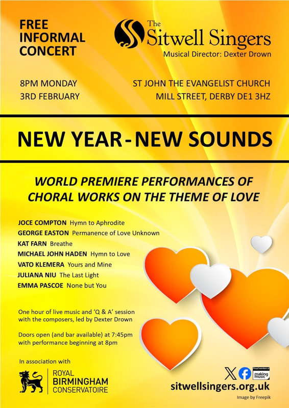 Poster for 'New Year - New Sounds': a free informal concert by The Sitwell Singers