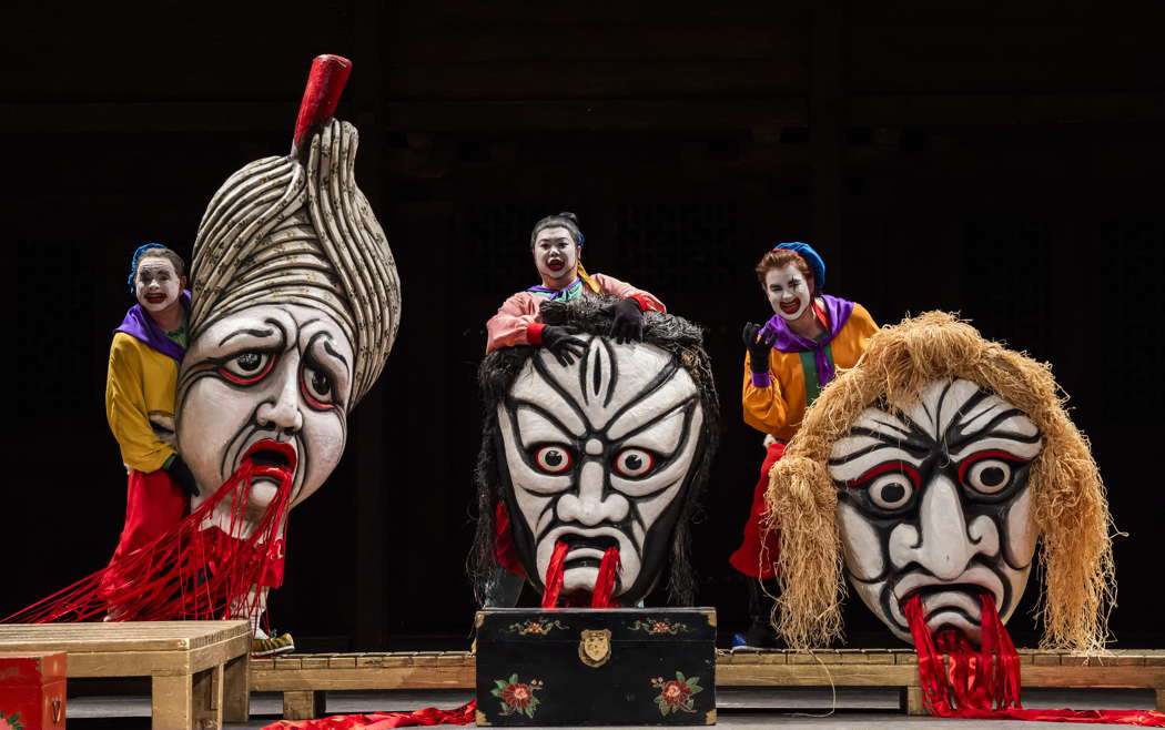 Aled Hall as Pang, Hansung Yoo as Ping and Michael Gibson as Pong in 'Turandot' at Covent Garden. Photo © 2025 Tristram Kenton