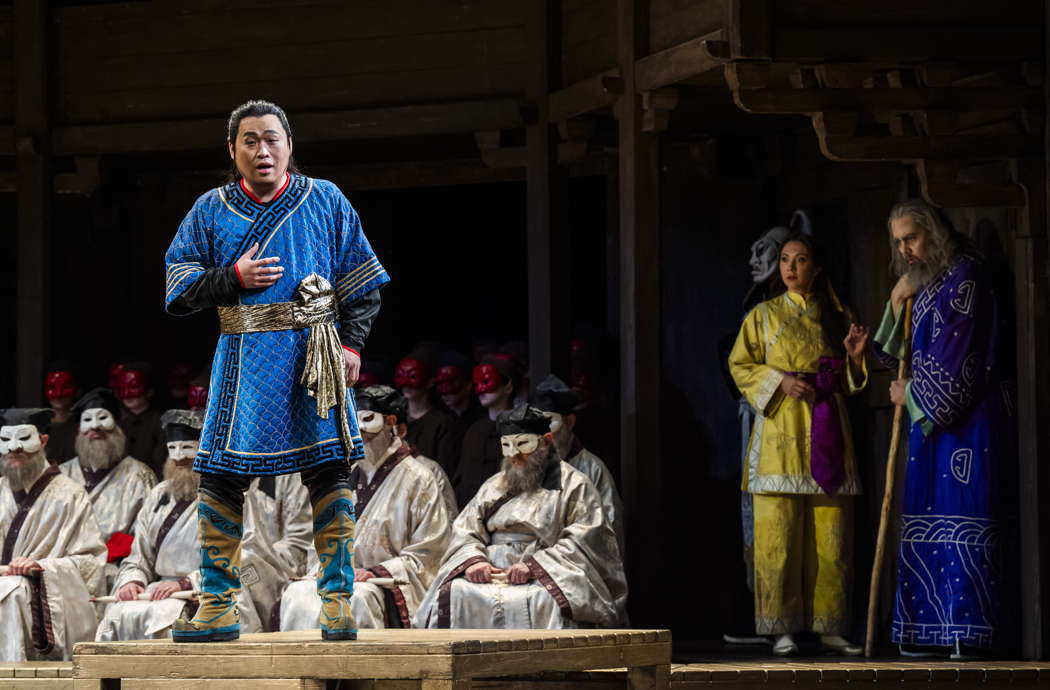 SeokJong Baek as Calaf (left), Anna Princeva as Liù and Adam Palka as Timur in 'Turandot' at Covent Garden. Photo © 2025 Tristram Kenton