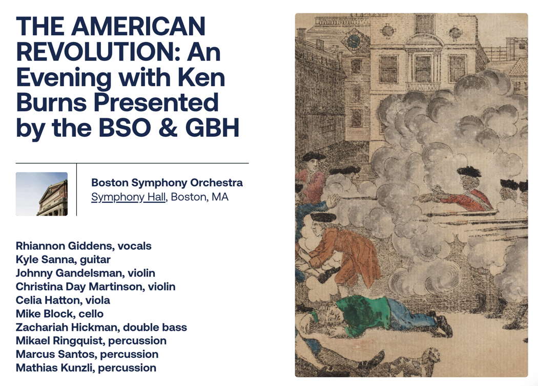 Publicity from the Boston Symphony Orchestra website for the 'Evening with Ken Burns' event