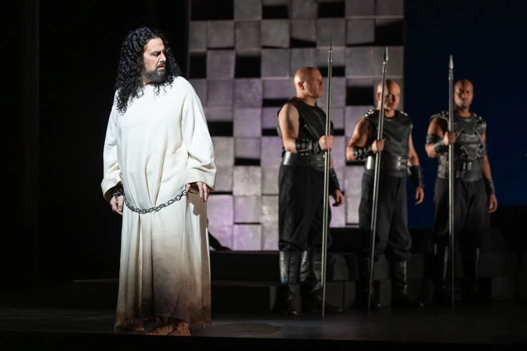 Kyle Albertson as John the Baptist (left) with Chris Getsla, Hubert Pilloud and DeAndre Simmons in Richard Strauss' 'Salome' at San Diego Opera. Photo © 2025 Karli Cadel