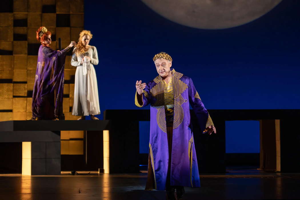 From left to right: Nina Warren as Herodias, Kirsten Chambers as Salome and Dennis Petersen as Herod in Richard Strauss' 'Salome' at San Diego Opera. Photo © 2025 Karli Cadel
