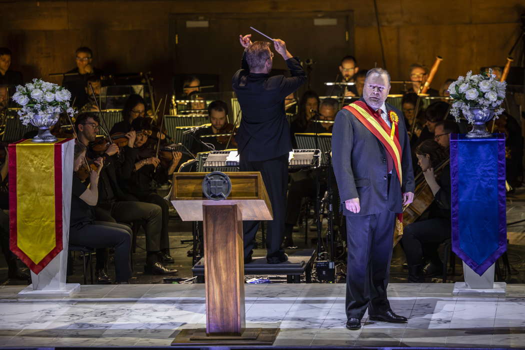 Roland Wood in the title role of Opera North's concert staging of Verdi's 'Simon Boccanegra' at the opening performance in Bradford. Photo © 2025 James Glossop