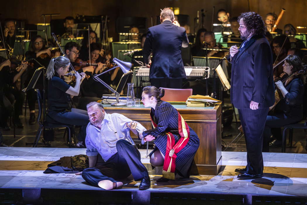 Roland Wood as Simon Boccanegra (left) with Sara Cortolezzis as Amelia Grimaldi and Andrés Presno as Gabriele Adorno in 'Simon Boccanegra'. Photo © 2025 James Glossop