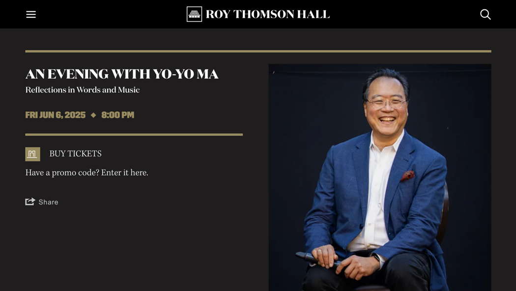 Online publicity for 'An evening with Yo-Yo Ma'. Yo-Yo Ma photo © Austin Mann